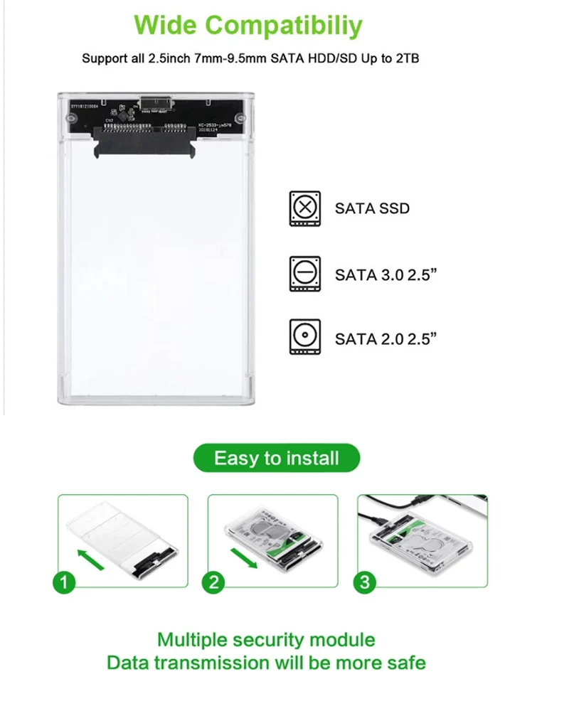 Carcasa de disco duro USB tipo C 3,0/2,0, carcasa de HDD de 2,5 pulgadas, SATA, SSD, compatible con 6TB, transparente, externo, móvil, nuevo