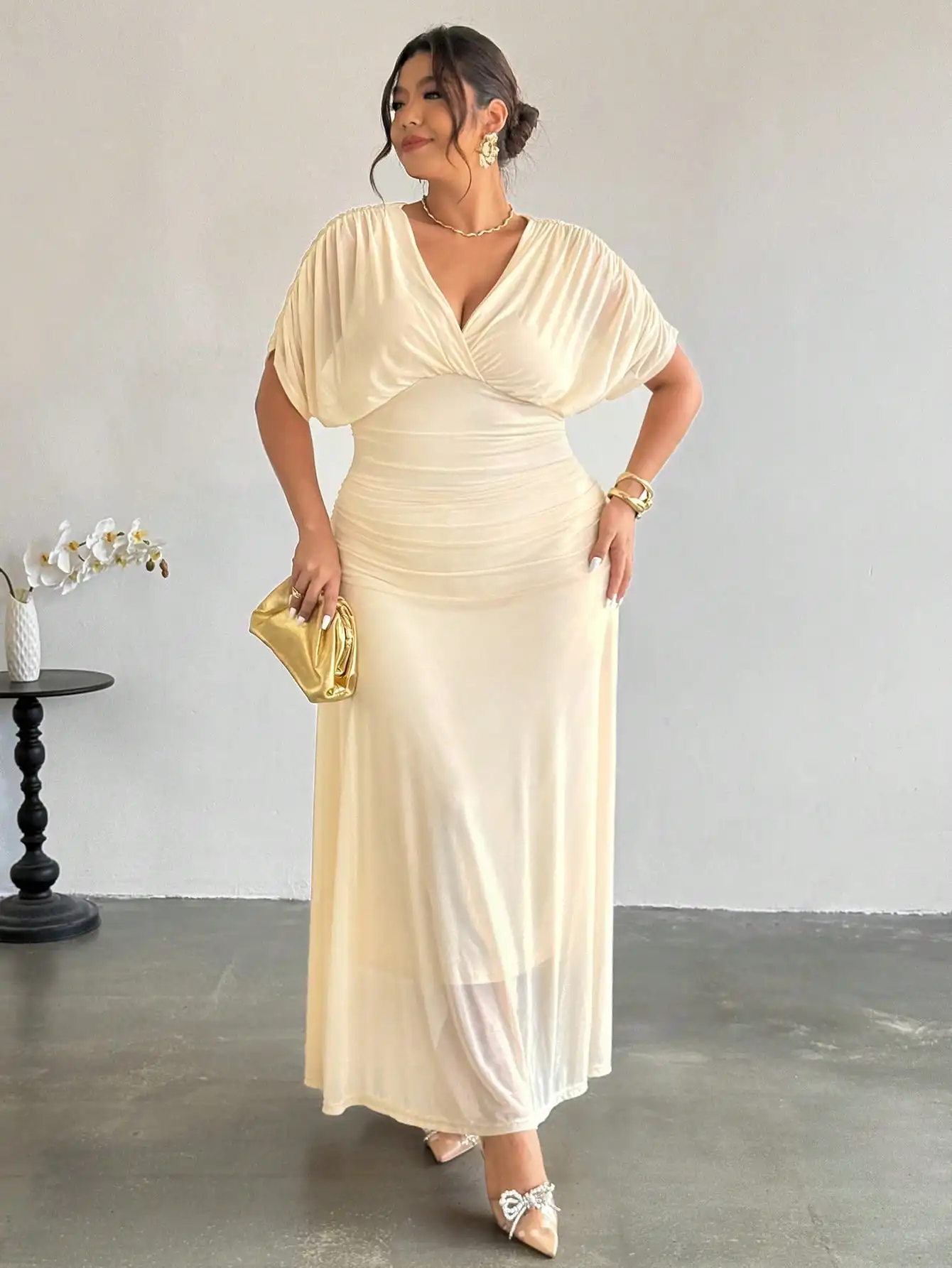 

Plus Size Elegant Ruched V-Neck Elastic Waist Flared Long Dress For Women Summer