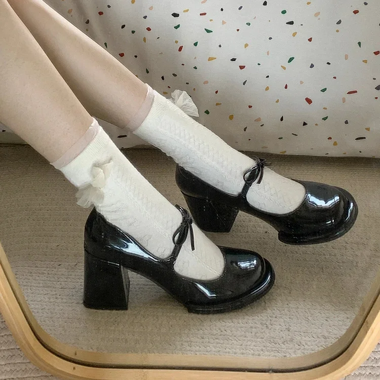

Bowknot Mary Jane Women Single Shoes Black Patent Leather Ladies Pumps Slip-On Tacones Para Mujer Pointed Toe Sapatos Feminino