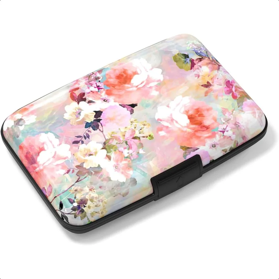 

Rimilak Aluminuml Credit Card Holder Mini Credit Card Wallet RFID Blocking Slim Metal Hard Case for Women Men Pink Flower