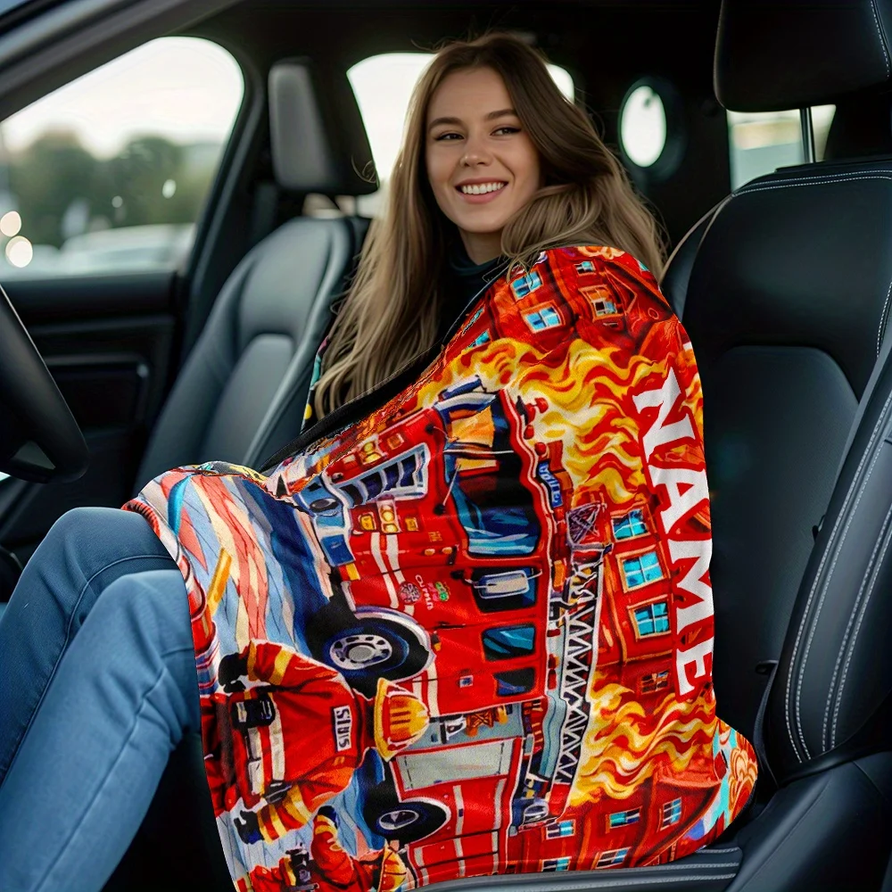 Customize Custom Name - Cartoon Fire Trucks and Firefighters - Four Seasons Soft and Portable Blanket - Lightweight Flannel Thro