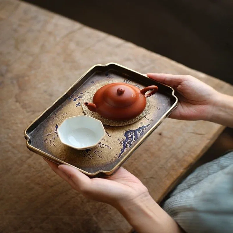 Archaize Brass Tray Temple Offering Sacrificial Articles Fruit Plate Poetry Crafts Home Living Room Saucer Tea Tray Decoration