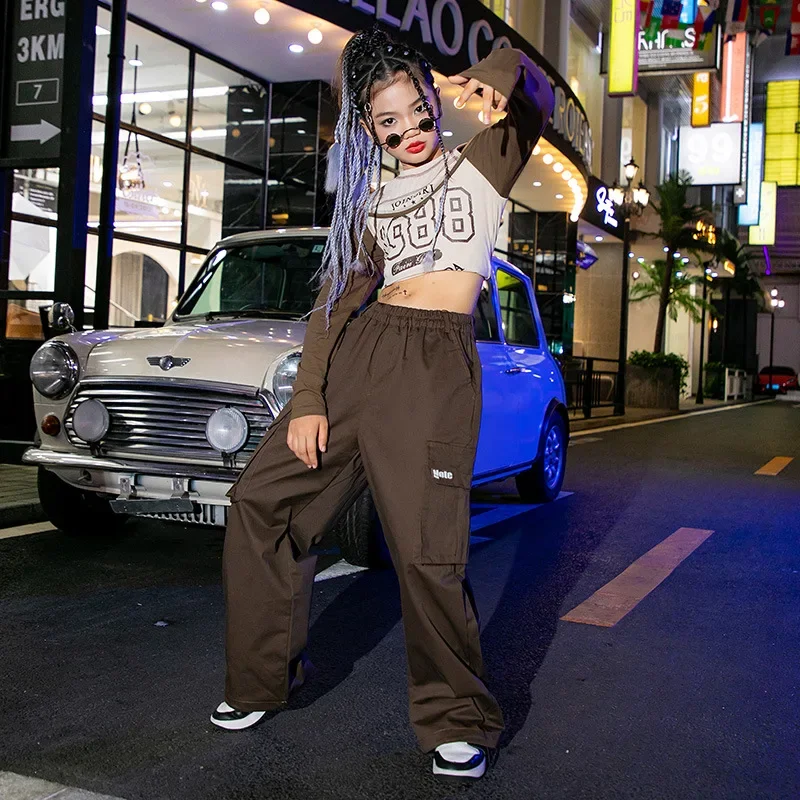 子供のヒップホップジャズのダンスコスチューム,長袖Tシャツ,クロップトップ,カーゴパンツ,ストリートダンスの服,子供のステージコスチューム,新しいコレクション