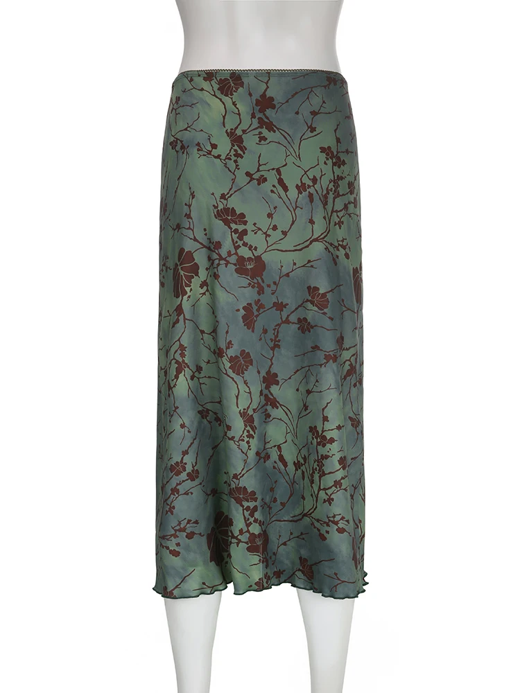 HEYounGIRL Vintage Long Skirt Green Floral Print Women Y2K High Street Grunge Fashion Elegant Mid-Calf Skirt Autumn Winter 2023