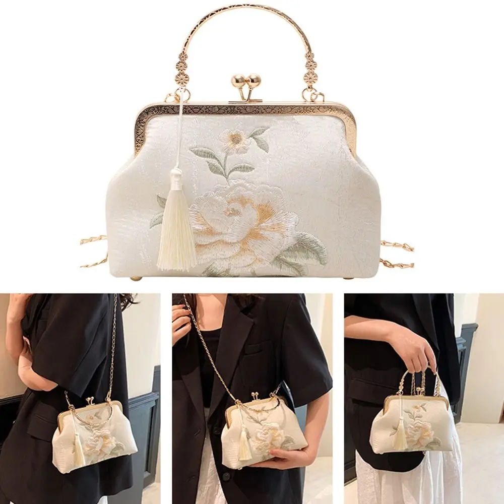 Chinese Style Handbag White Embroidered Peony Tassel Shoulder Bag Fashion Women\'s Bag