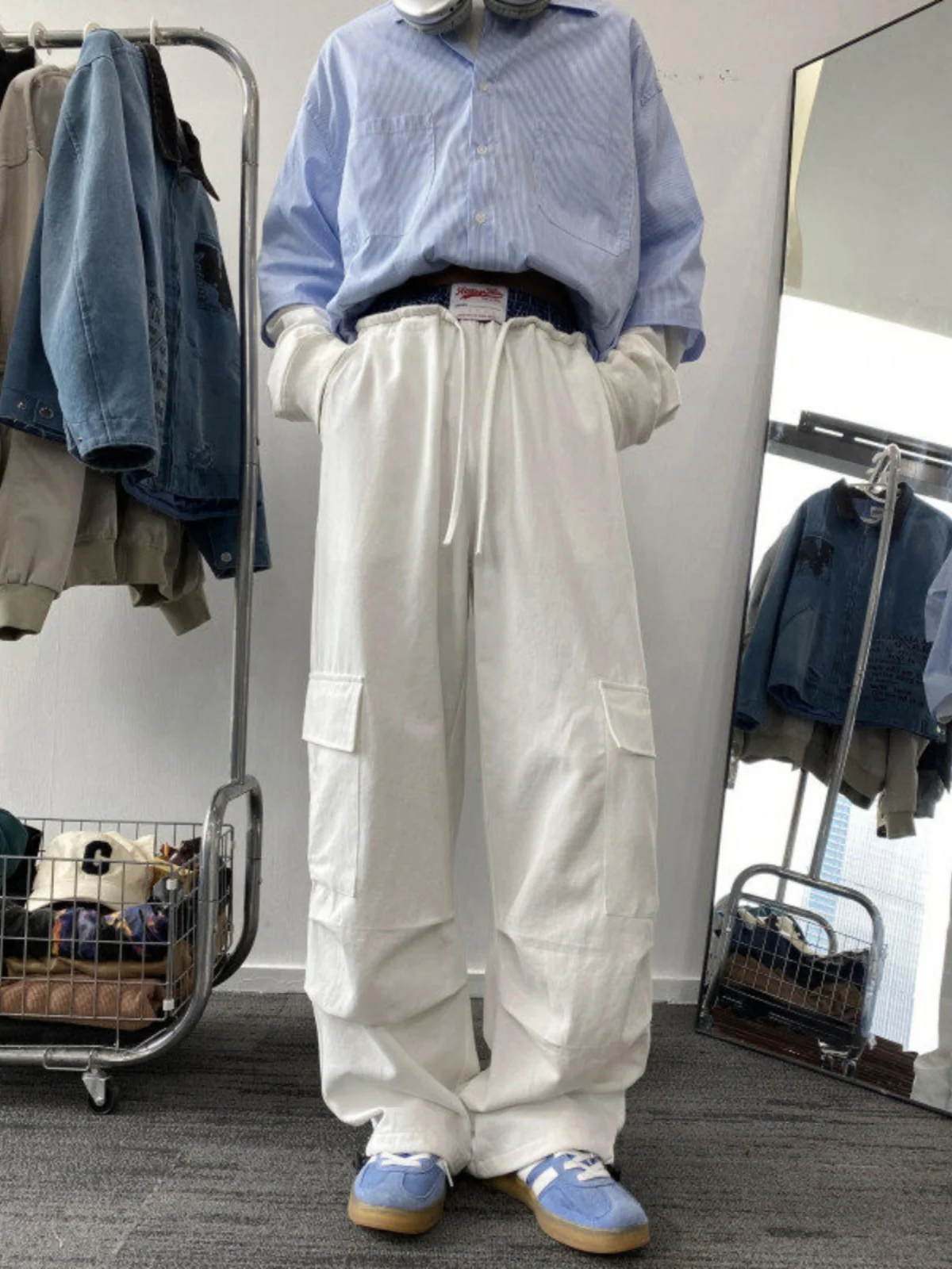 สีขาวเอวคู่ผู้ชายขาตรงกางเกงขากว้างฤดูใบไม้ผลิฤดูใบไม้ร่วงแฟชั่นแบรนด์ลำลองผ้าฝ้ายชุดทำงานกางเกง