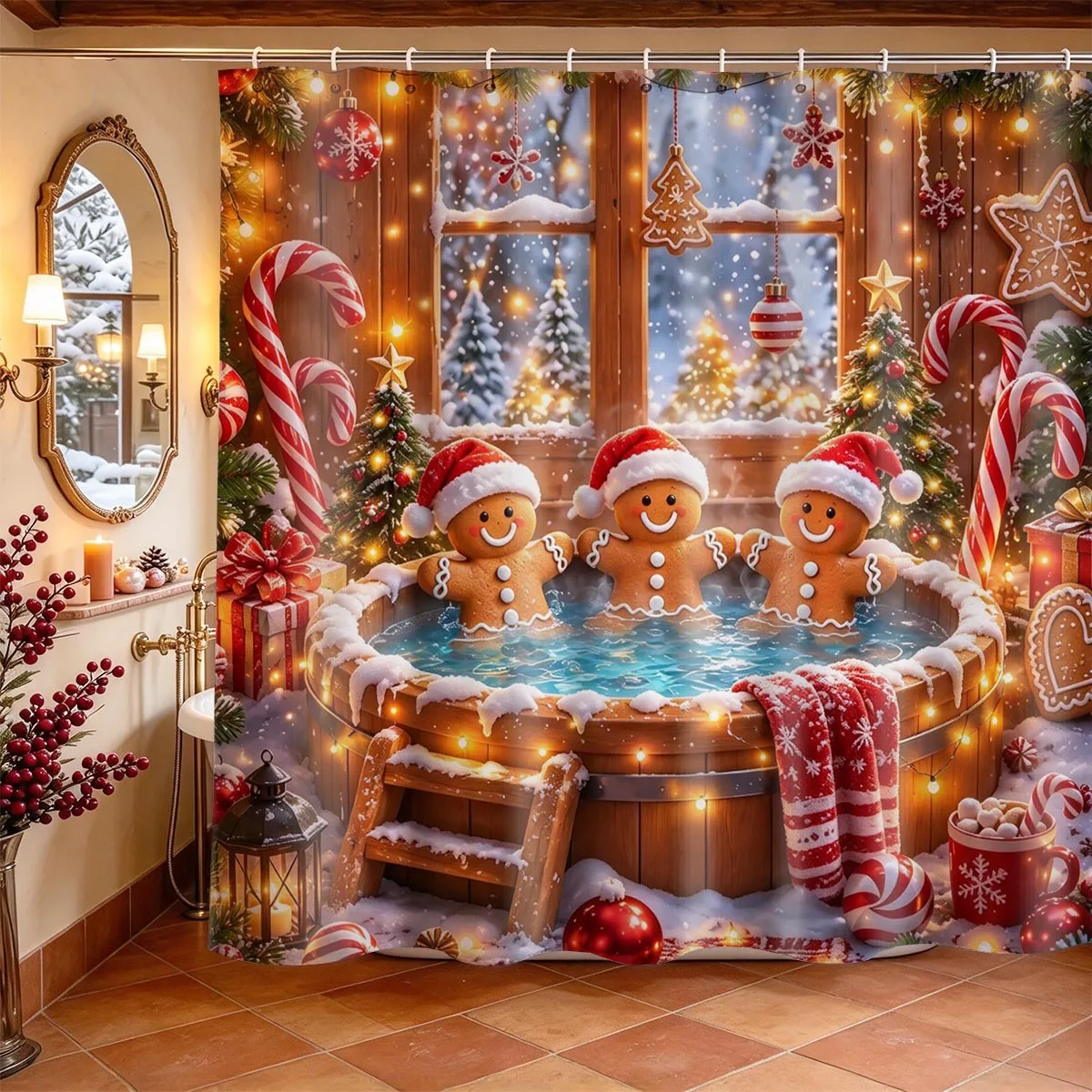 Merry Christmas Shower Curtain Pink Tree Christmas Highland Cattle Robin Printed Curtain Waterproof Durable Bathroom Home Decor