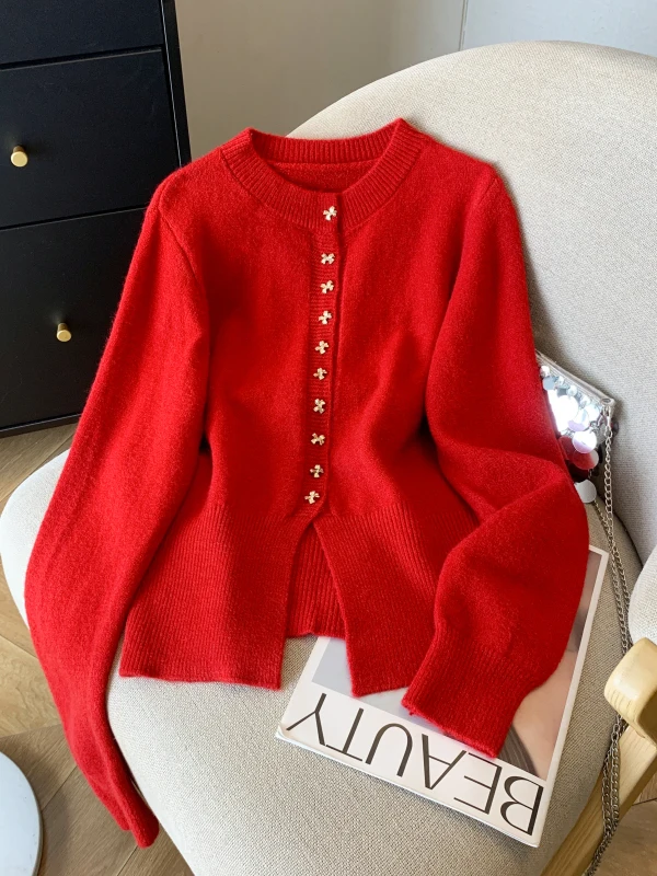 

Красный вязаный кардиган на пуговицах, женский осенне-зимний утягивающий свитер с разрезом, супер красивый топ Quali Faionable