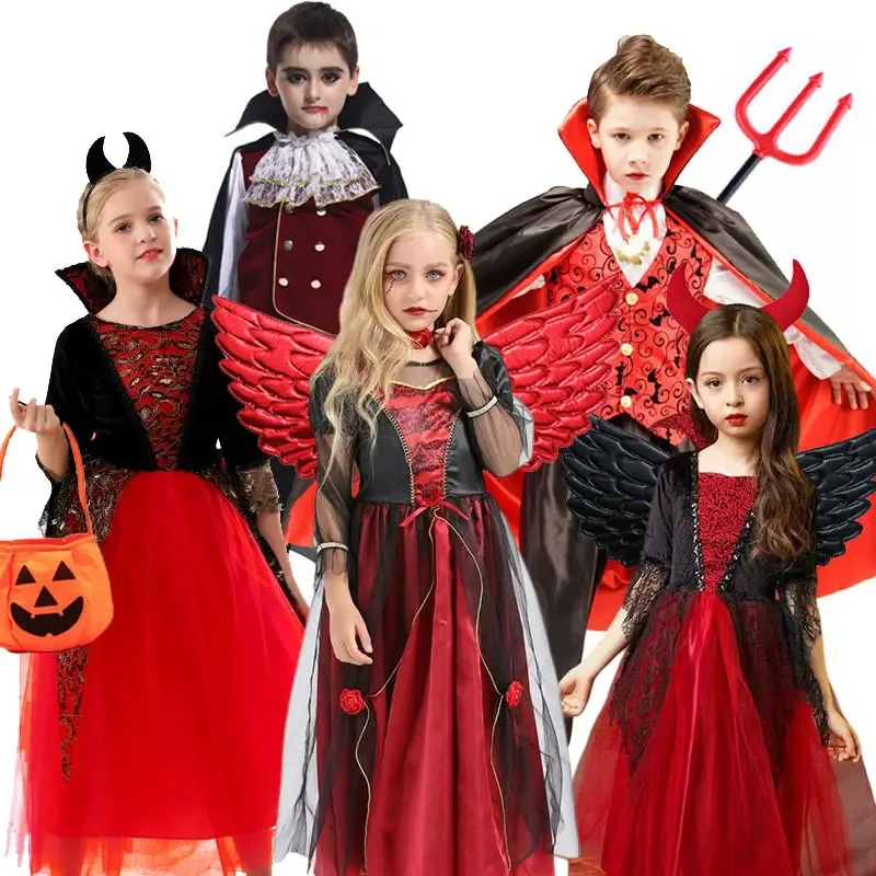 Halloween Vampire Costume Deluxe Carnival Party Black Trailing Mesh Dress Kids Cosplay Demon For Girls Boys Clothes Suit