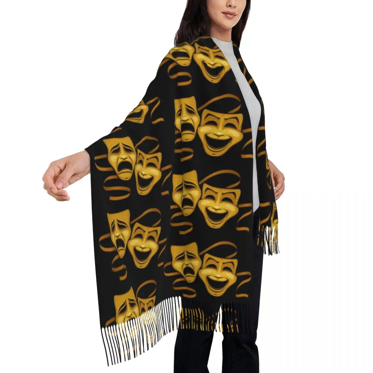 Gold Comedy And Tragedy Theater Masks Scarf Tassel Scarves for Women Soft Warm Shawls and Wraps Long Fall Winter Shawl Wrap