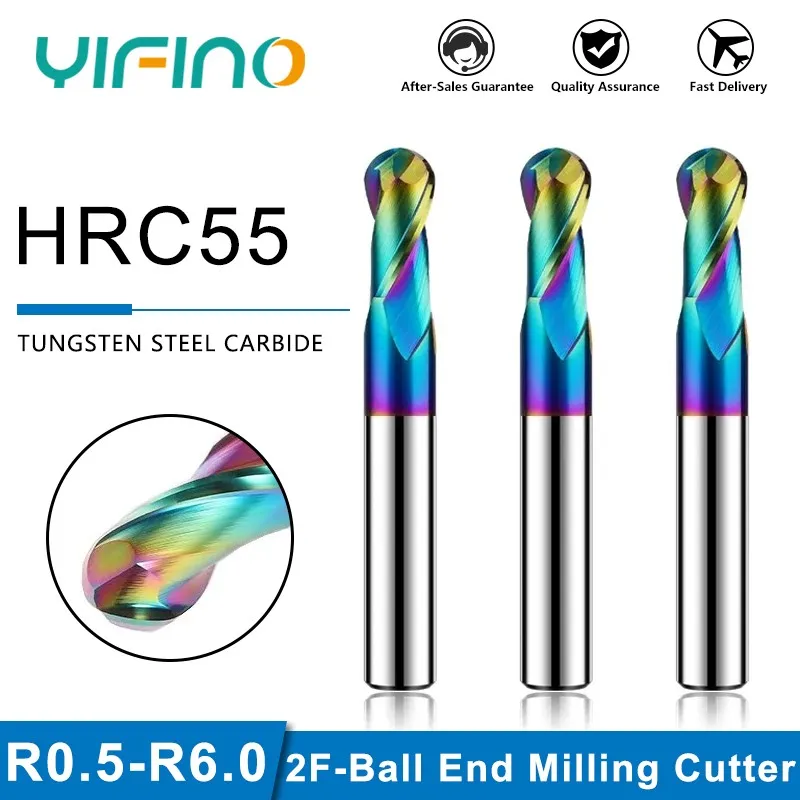 YIFINO HRC55 2F Colorful Coating Tungsten Steel Carbide Aluminum Ball End Milling Cutter CNC Mechanical Machining End Mill Tools