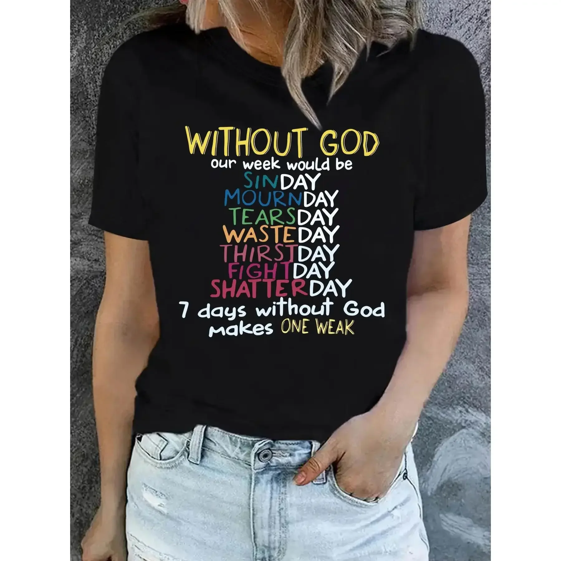 [Meditation Beauty] Women's Black Inspirational Casual Round Neck Short-Sleeve Color Stripe T-Shirt - Comfortable Elastic Fabric, Machine-Washable for Spring-Summer, Shortsleeve, Fit, Tshirt, Lady