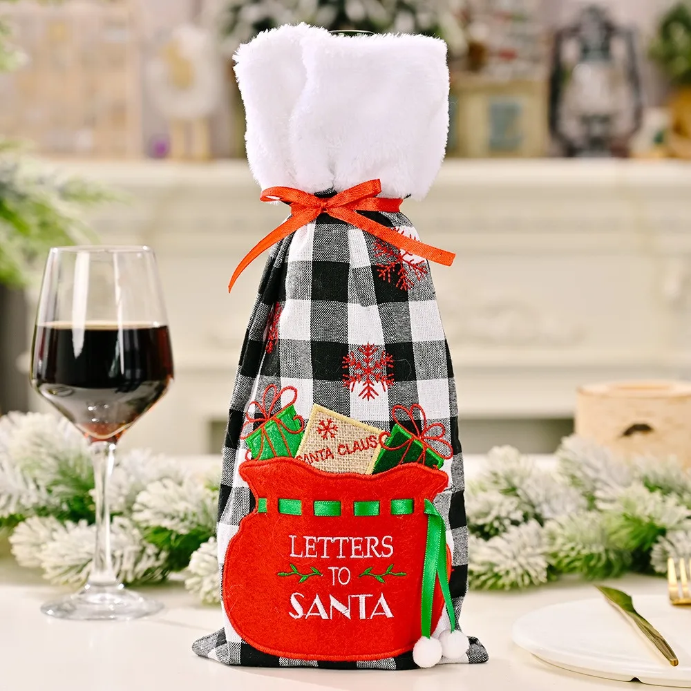 Reusable Christmas Wine Bottle Cover Champagne Bottle Cover with Embroidered Creative Wine Bottle Set Black Plaid Exquisite