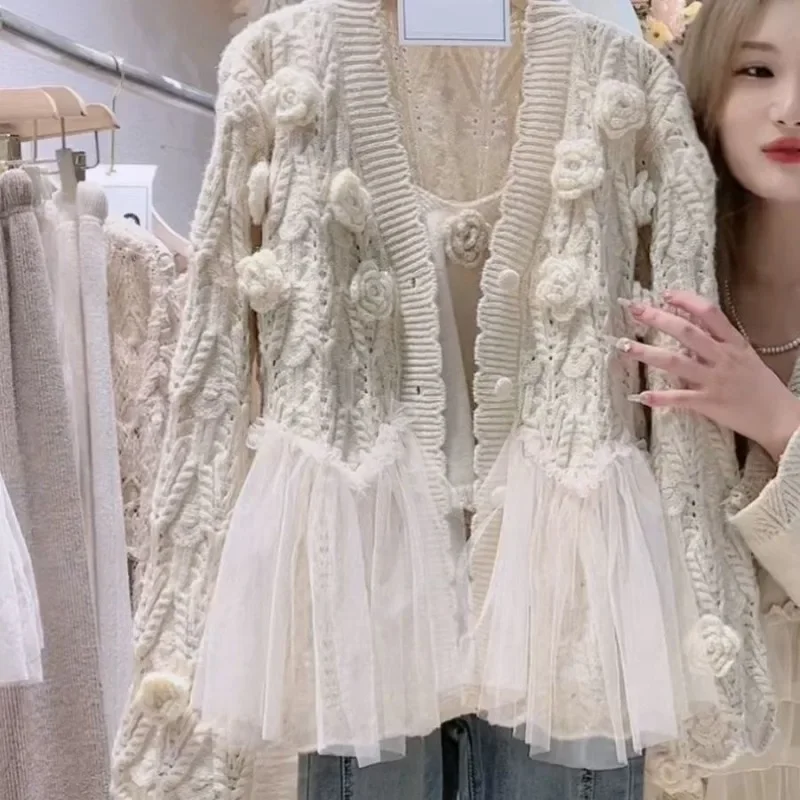 3D Flowers Crocheted Mesh Ruffles Stitching Sweater Coat Gauze Ruched Spliced Hooked Knitted Cardigan Knitwear+Camis 2pcs Women