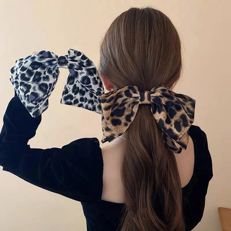 AWAYTRNew Fashion Cloth Leopard Hair Clip Three Layers Big Bow Hairpin Spring Clip Barrettes Women Girls Hair Accessories