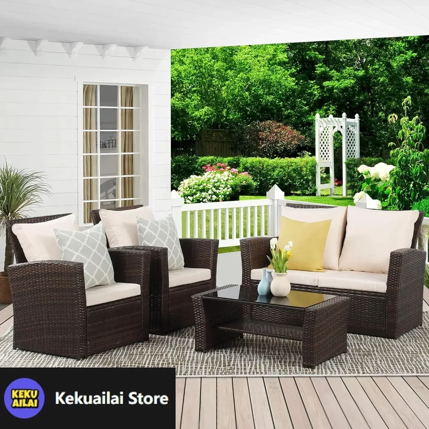 

4 Piece Outdoor Patio Furniture Sets, Wicker Conversation Set for Porch Deck, Brown Rattan Sofa Chair with Cushion