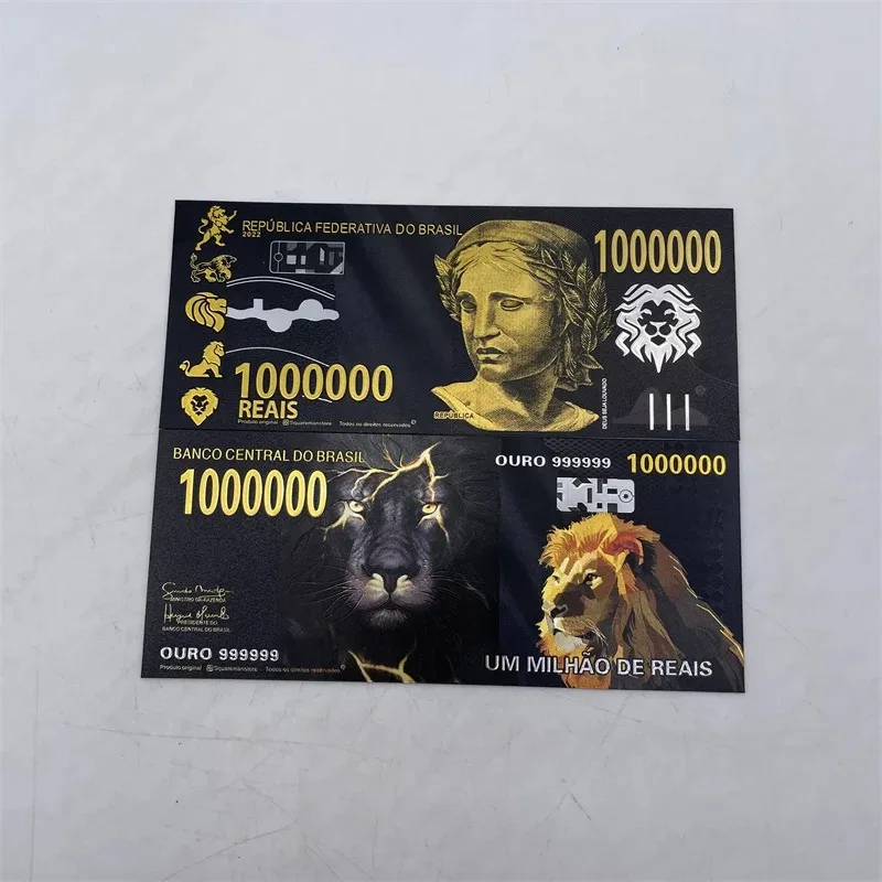 2025 Brazil souvenir Gold foil Banknotes 1000000 Reals black colored Gold Notes Lion Cards in 24k Golden For Collection