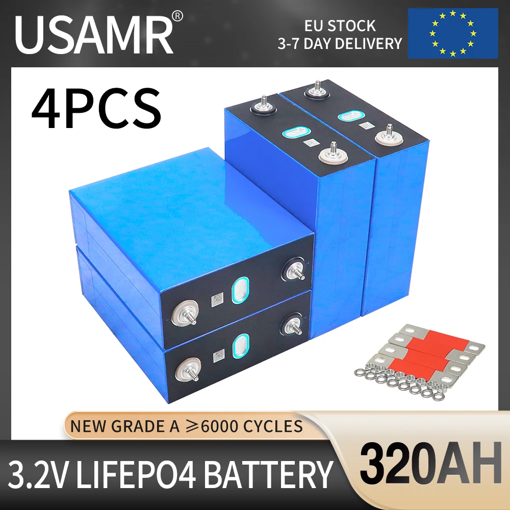 

New 4PCS 3.2V 320AH Lifepo4 Solar Battery DIY 12V 24V 36V 48V Rechargeable Lithium Iron Phosphate Cells For Boat Golf Cart RV