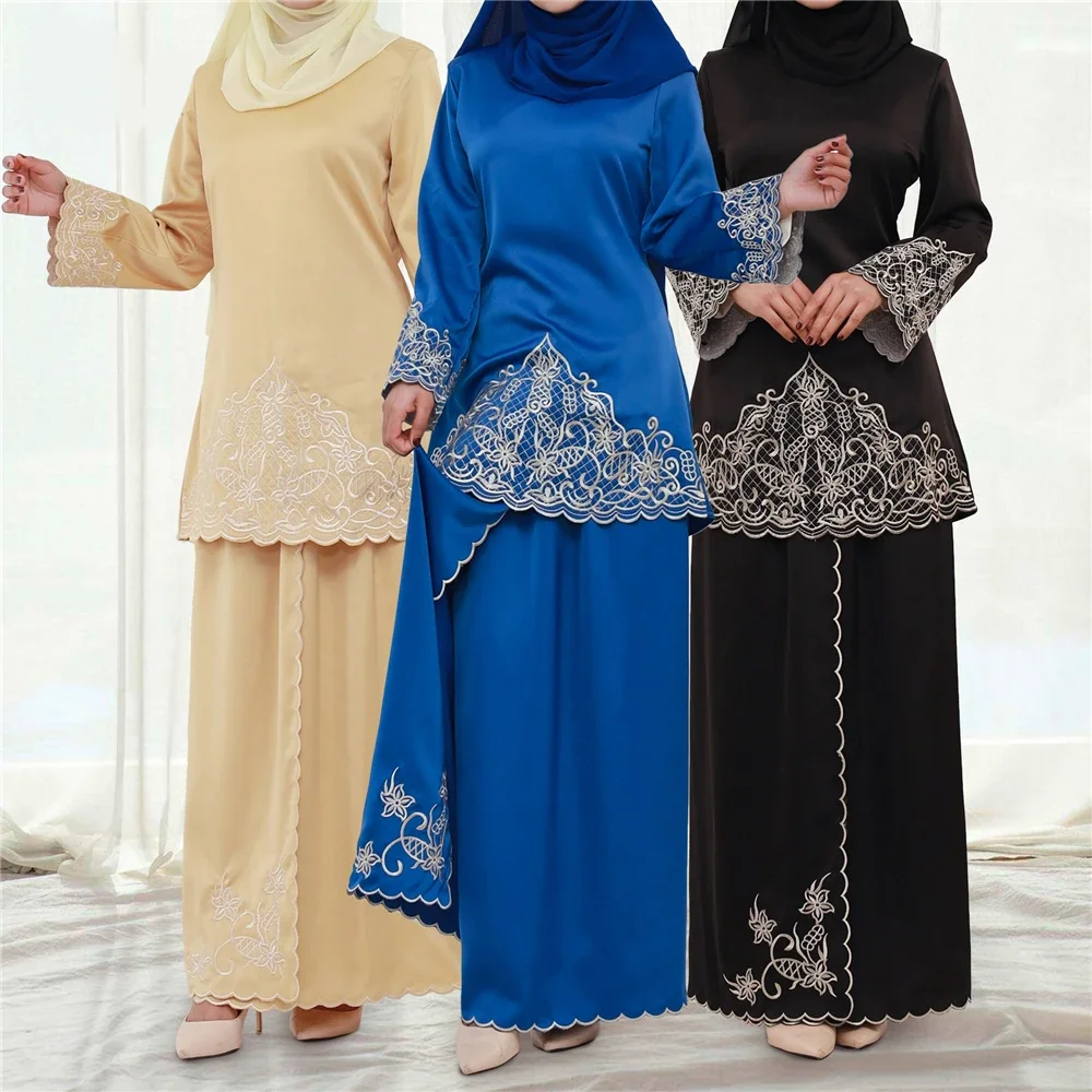 2Pcs Women Muslim Sets Dubai Outfits Islam Clothes Tops Skirts Abaya Dress Malaysia Baju Kurung Suit Femme Musulmane Ensembles