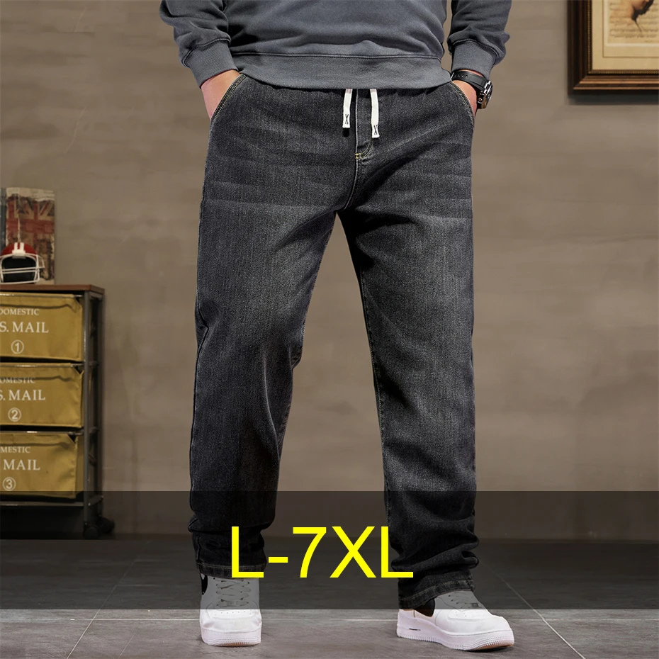 

8XL Plus Szie Jeans Men Baggy Straight Jeans Vintage Elastic Waist Denim Pants Men Fashion Casual Solid Color Jean Pants Male