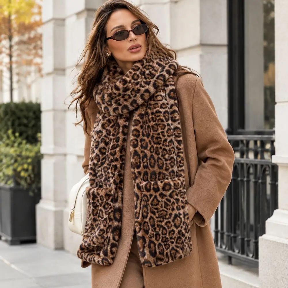 New Extra Long Faux Fur Scarf Leopard Print Winter Neck Warmer Faux Fur Practical Pockets Scarf