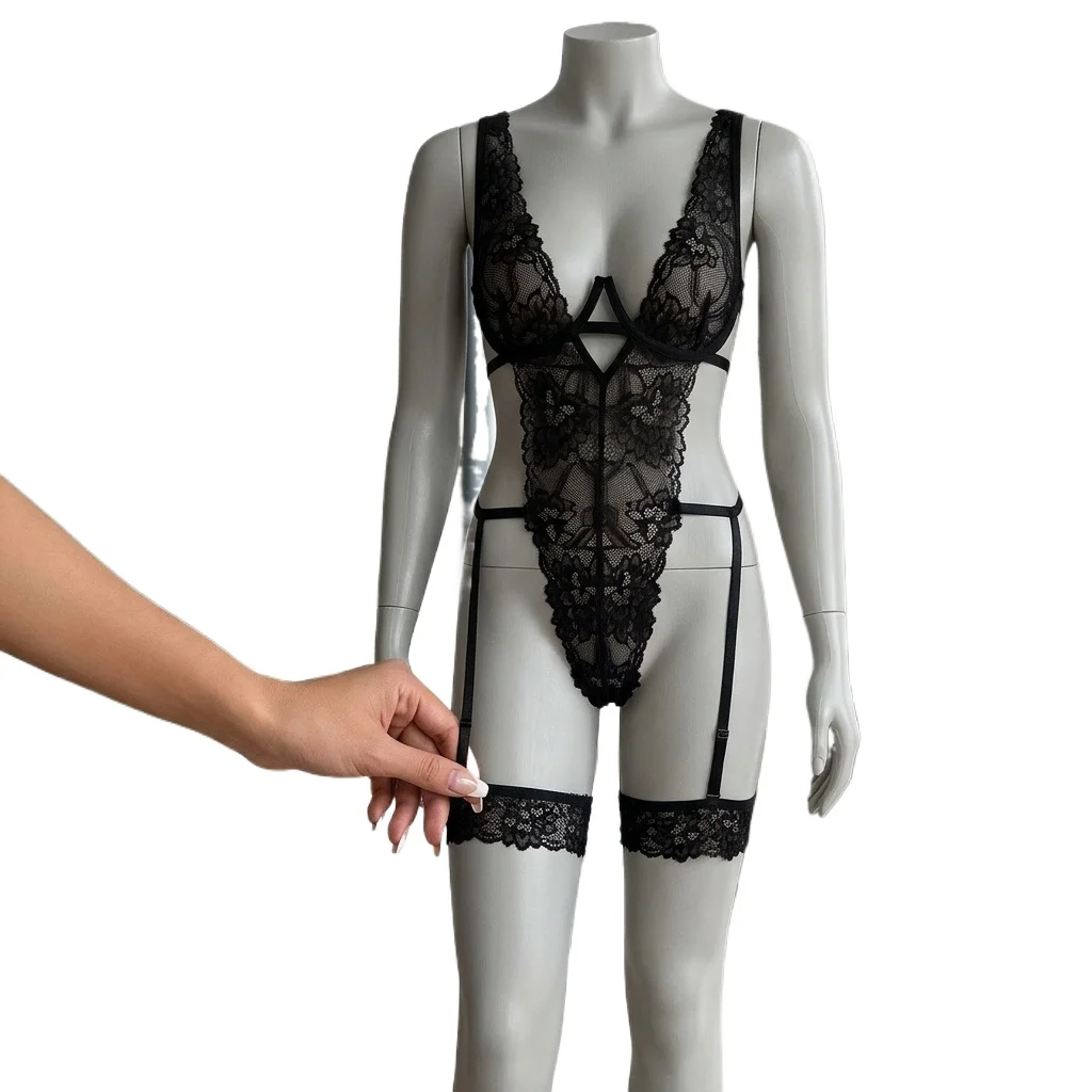 Ropa Interior de Encaje Transparente para Mujer, Tanga Sensual, Lencería de Lujo, Disfraces Íntimos, Conjunto de Sujetador, Braguita y Liguero