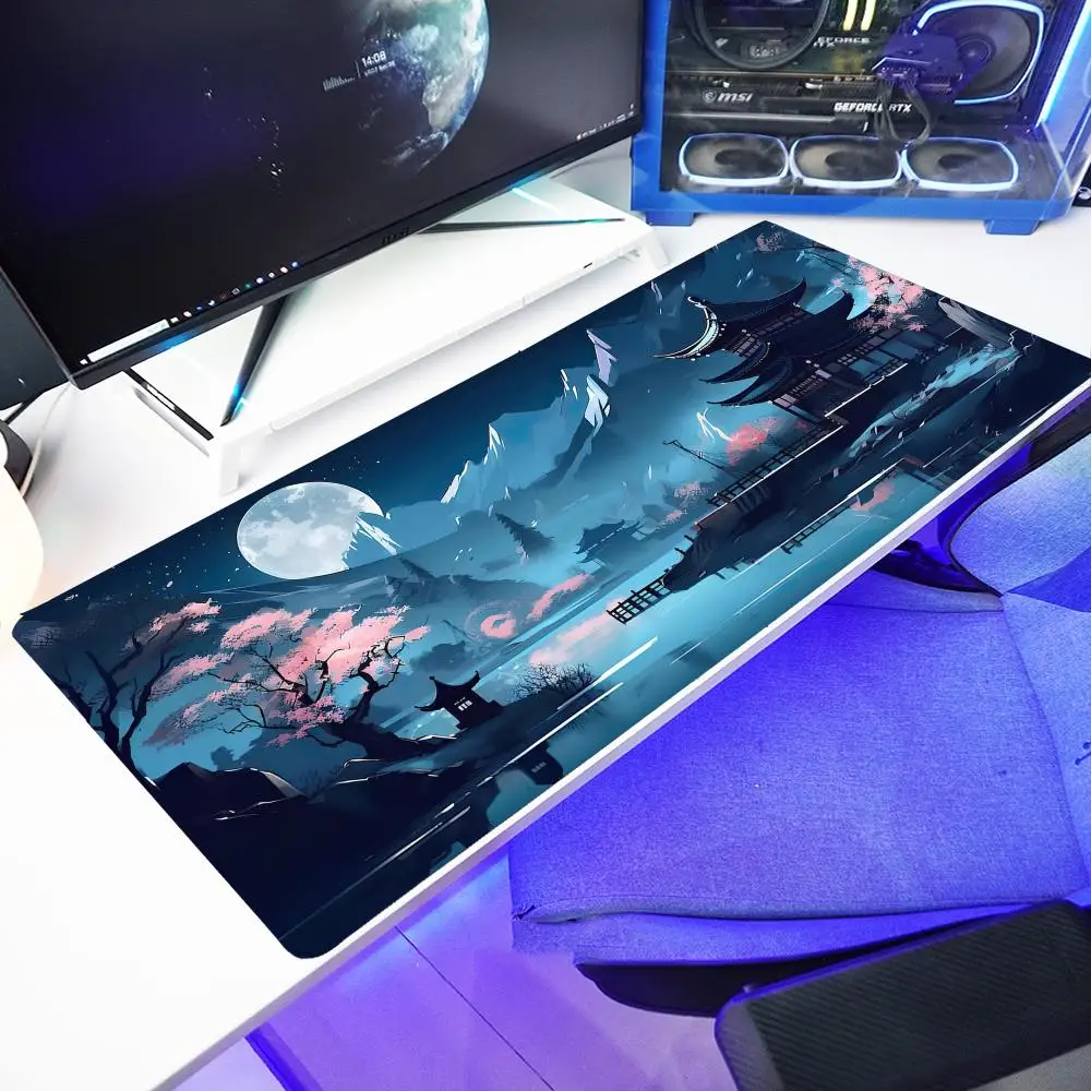 Cherry Blossom Night View Mouse Pad, Lantern-lit Sakura Trees, Moonlight Landscape, Unique Aesthetic Desk Decor ,Non-Slip Rubber