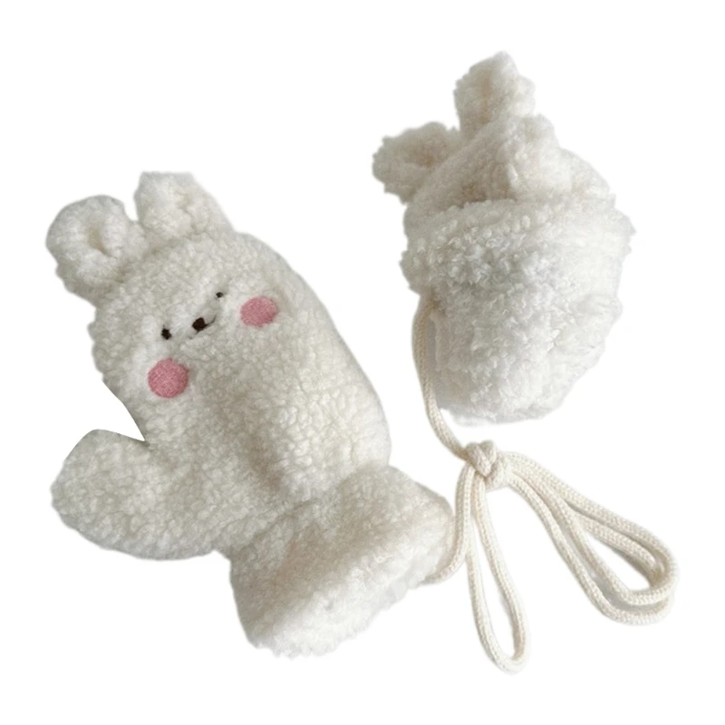 Cartoon Gloves with Thick Plush Lining Essential Winter Accessories Adjustable Neck Strap Mittens for Children Dropship