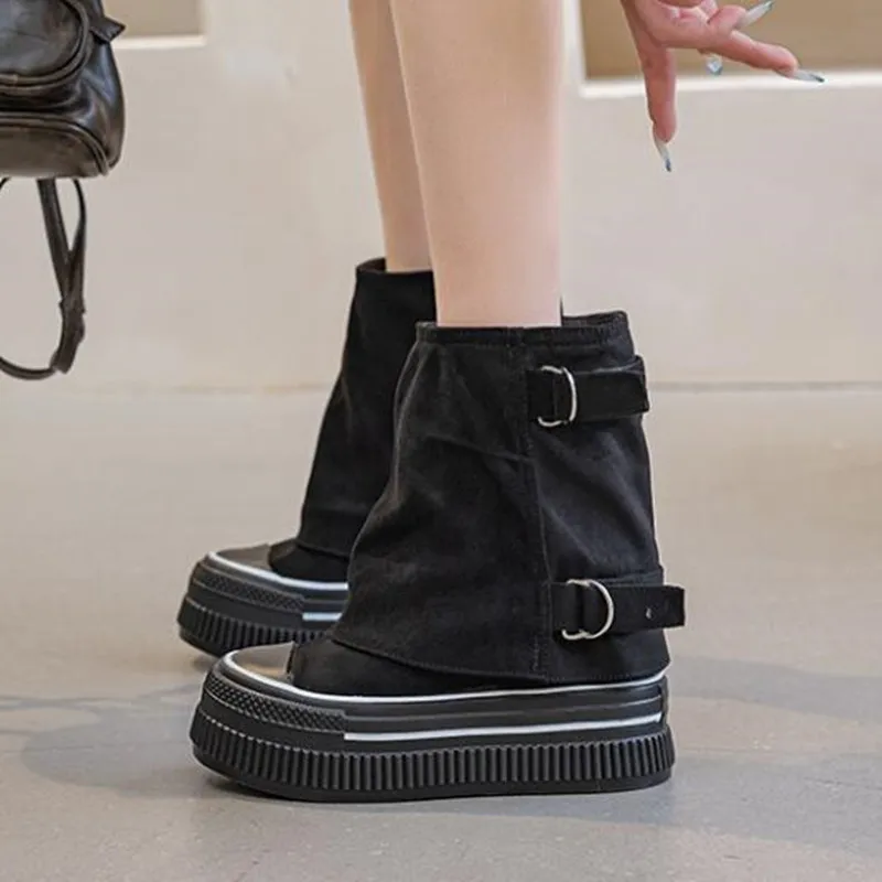 Fashion 2026 Women Ankle Boots 13cm Platform Heel Booties Denim Comfortable Black Autumn Women Boots Mid Calf Winter Warm Shoes