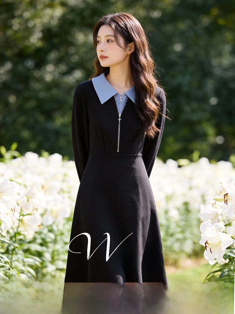 

Spring Season Midi Dr Fake Two-Piece Commute Sle High Waist A-Line Skirt Long Sve Polyester Fiber Casual Wear
