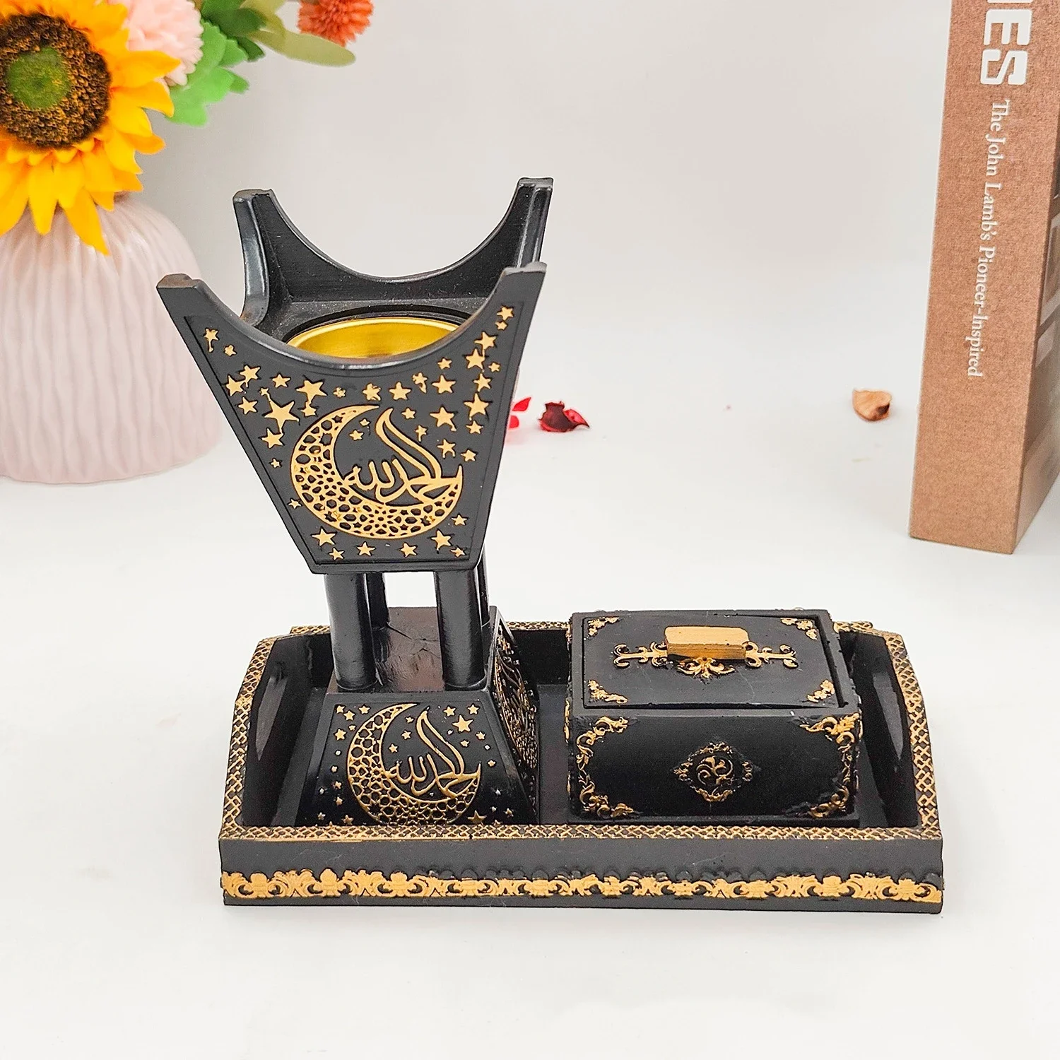 2023 New resin Four corner charcoal stove Three-piece incense burner set Tray, spice box Premium business gifts Resin