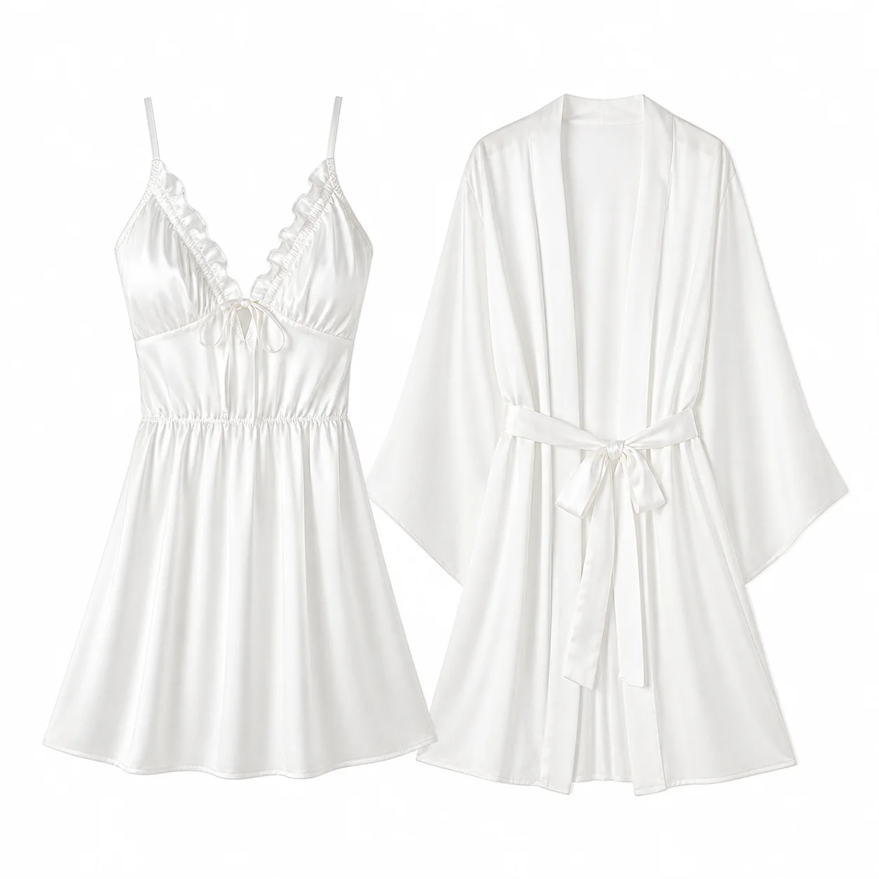 

Sexy Lingerie Solid Satin Drawstring Tie Low Cut Push Up Removable Pads Nightgown Robe Loungewear Set Babydoll Slips Gowns