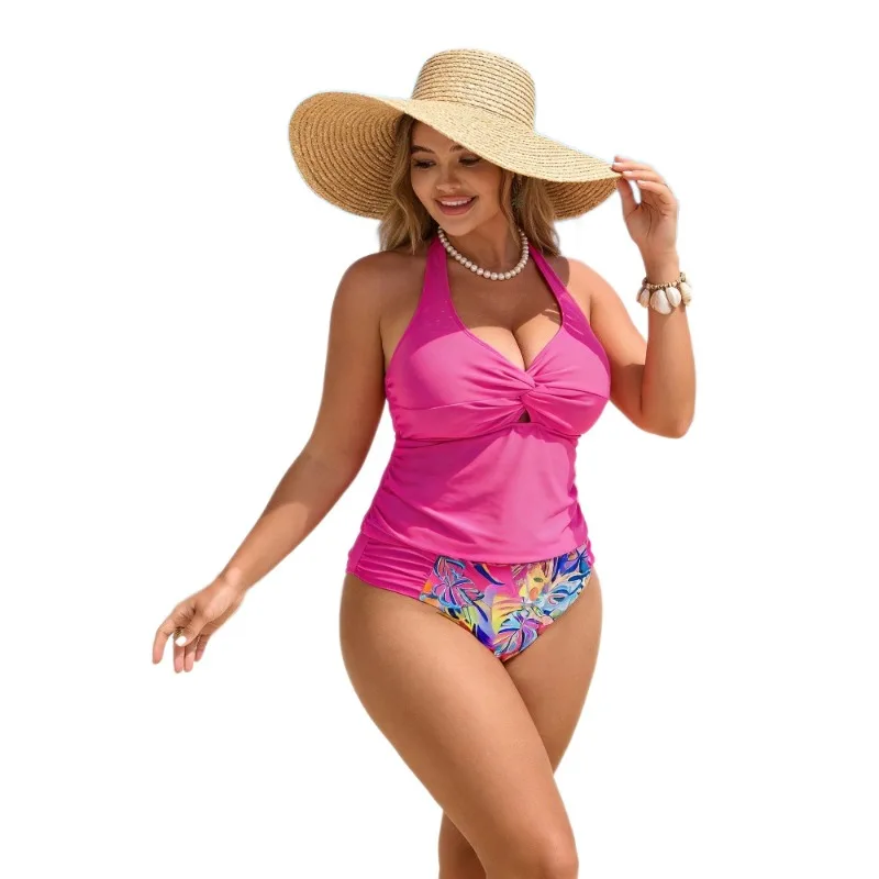 2025 New Women's Plus Size Two-Piece - Halter Neck Tropical Print High-Waisted Stylish Split Bikini for Beach & Pool