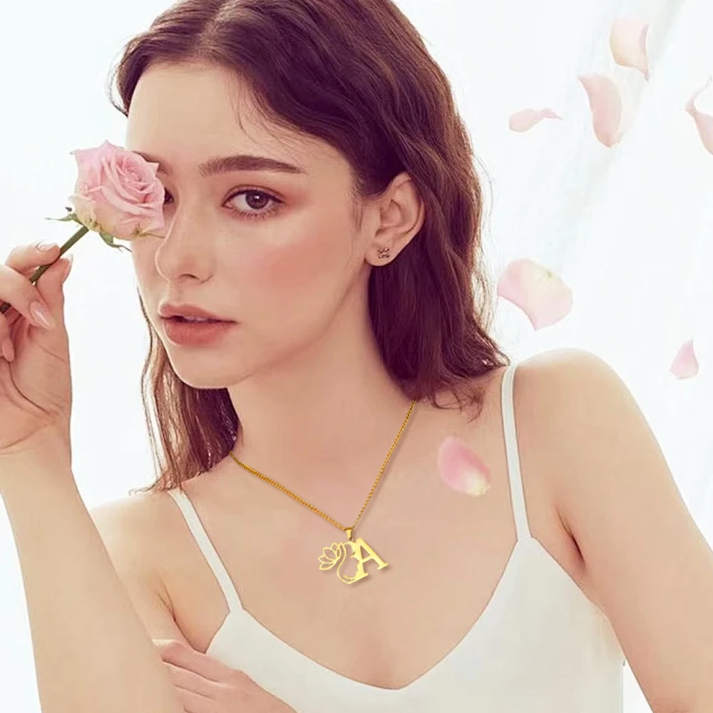 EUEAVAN Beauty Lotus Flower Letter Necklace for Women Stainless Steel Initial Pendant Necklace Alphabet Jewelry Christmas Gifts image 5