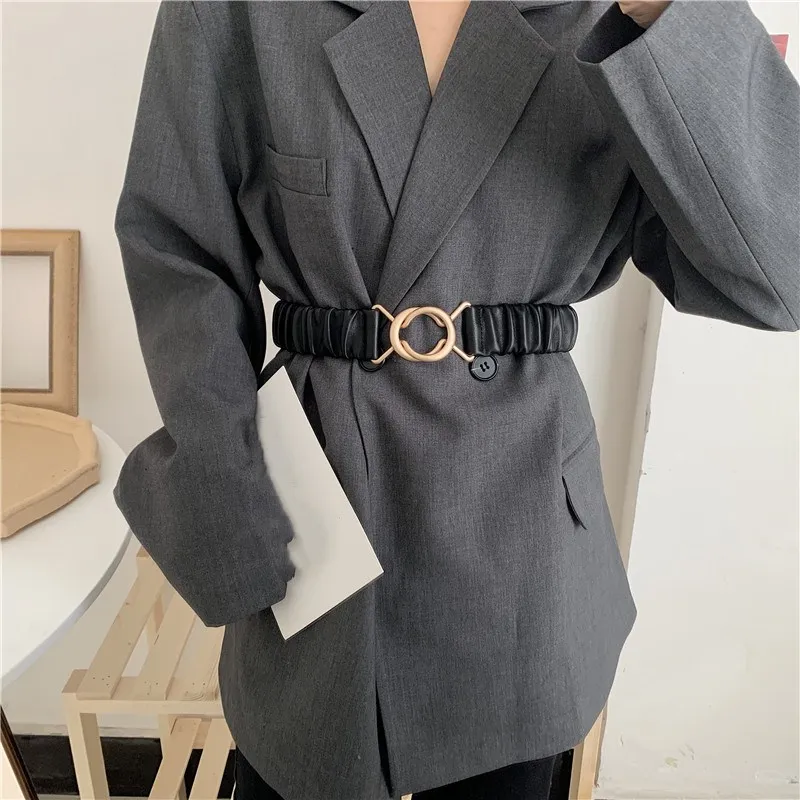 เข็มขัดหนัง PU ดีไซน์เรียบหรู สีดำ ยืดหยุ่นได้ สำหรับเสื้อโค้ท ชุดเดรส งานปาร์ตี้ ผู้หญิง ใช้ตกแต่ง