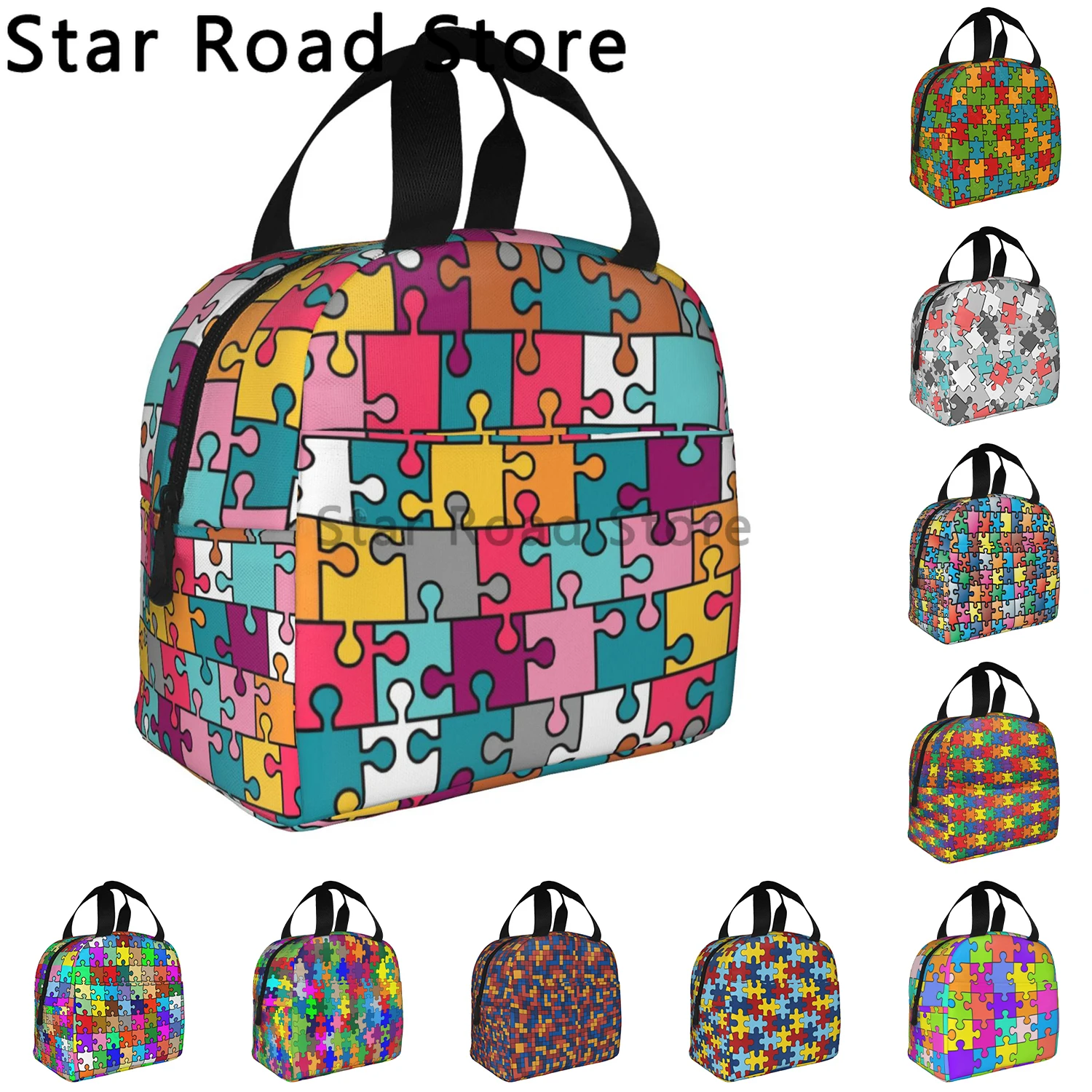 Autism Awareness Lunch Bags for Women Colorful Puzzle Piece Lunch Bag Water-resistant Thermal Bento Tote for Work Picnic Beach