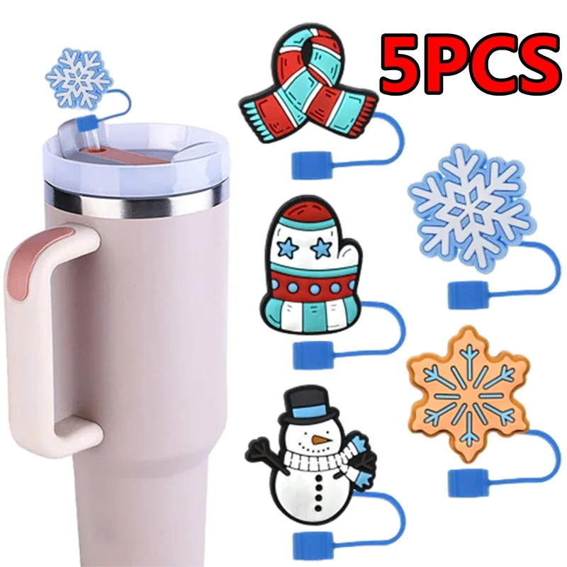 5Pcs Christmas Straw Toppers Set Cute Christmas Snowflake Snowman Scarf Straws Cover for Festival Birthday Party Cup Accessories