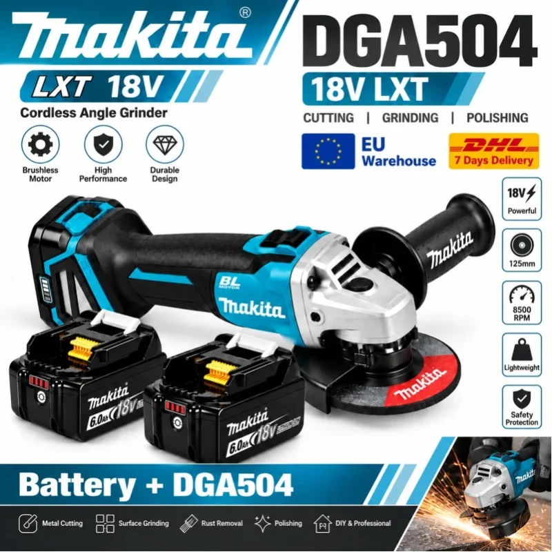 Für Makita DGA504 18V LXT Bürstenloser Akku-Winkelschleifer 125mm 8500RPM mit 6,0Ah Lithium-Akku zum Metallschneiden, Schleifen und Polieren EU-Lager