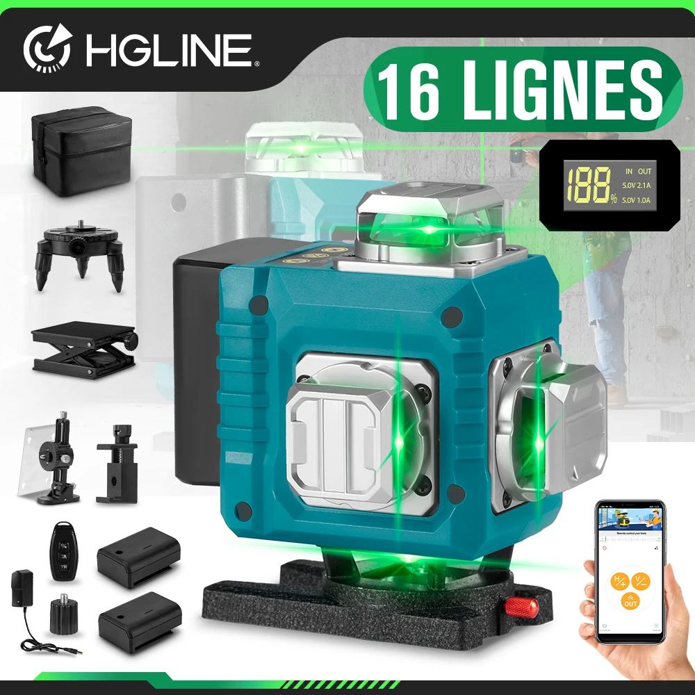 Niveau laser vert HGLINE 4D 16 lignes avec télécommande APP, instrument de mesure laser horizontal et vertical, niveau laser inclinable