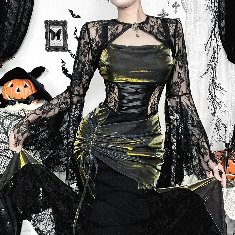 

Goth Floral Lace Mesh Flared Sleeve Bodycon Party Dresses Vintage Sexy Elegant Black V-Neck Long Dress Y2k Hip-hop Partywear