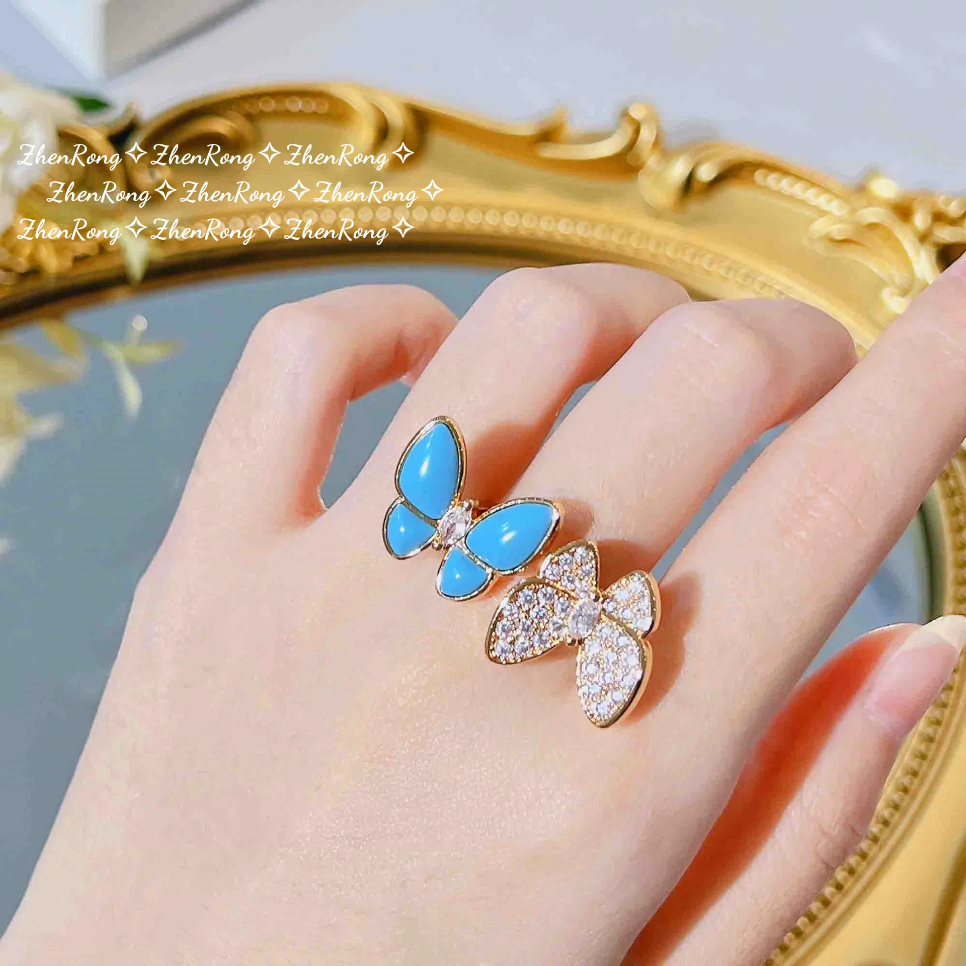 Foydjew Elegant Two-Butterfly Rings For Women Exquisite Rhinestone and Artificial Turquoise French Style Retro Adjustable Ring