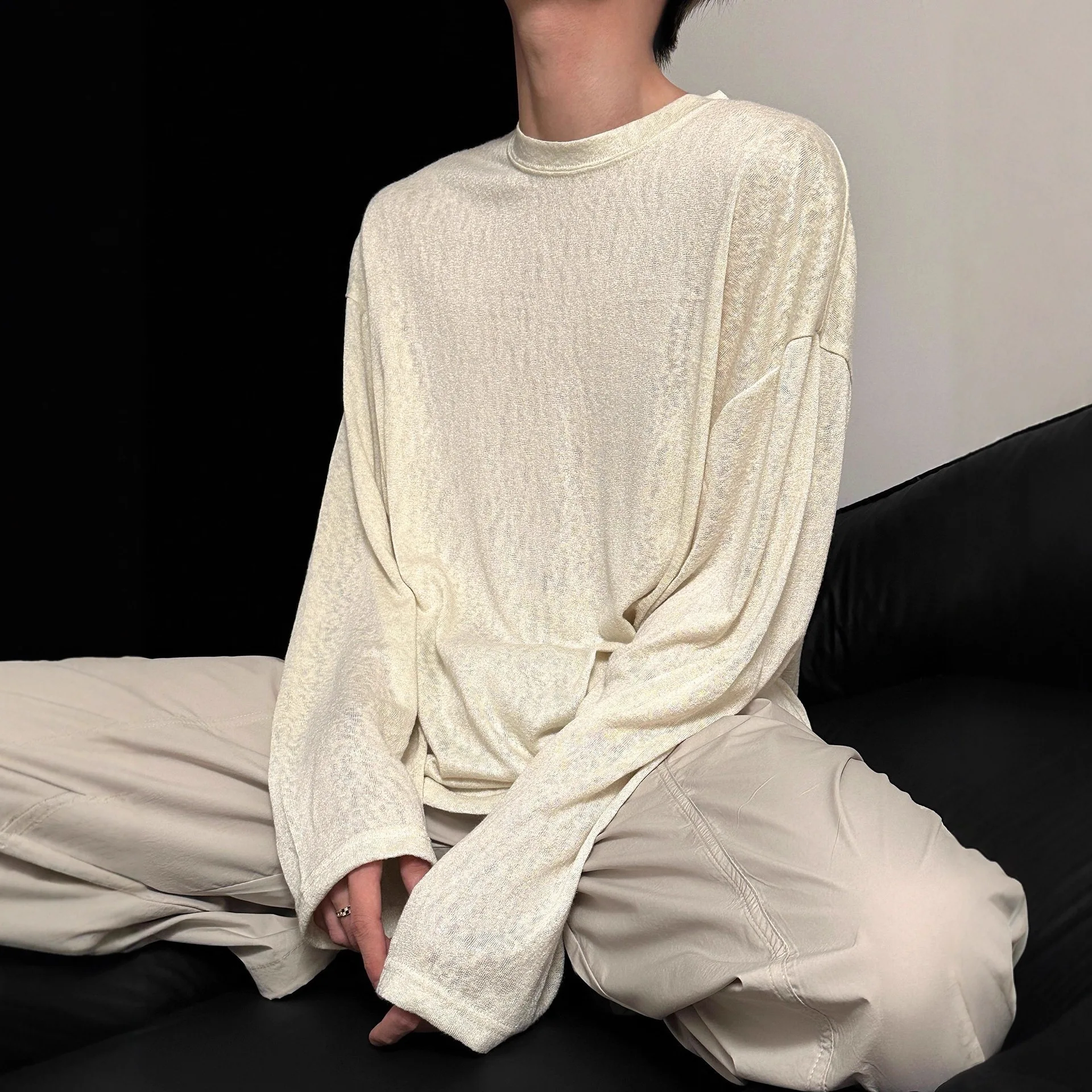 Lazy Loose Drape 2026 Spring/autumn Lightweight Long-sleeve T-shirt Pullover Loose Base Top for Men