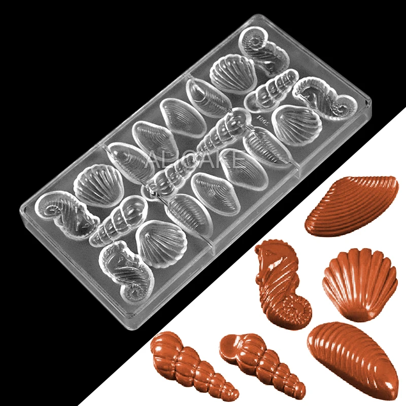 1Pcs Polycarbonate Chocolate Mold Form Scallop Hippocampus 6 Shape 20 Cavity Candy Confectionery Utensils Baking Pastry Tools