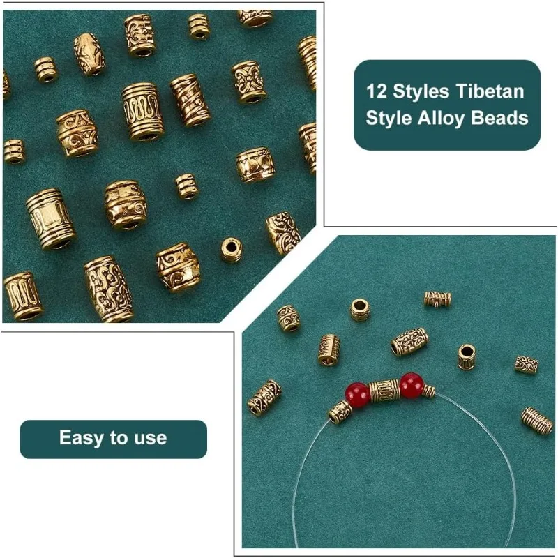 120 قطعة 12 نمط الفواصل الذهبية برميل العمود أنبوب الفواصل الخرز المعادن العتيقة الفواصل الخرز سبائك التبتية فضفاض الخرز لسوار
