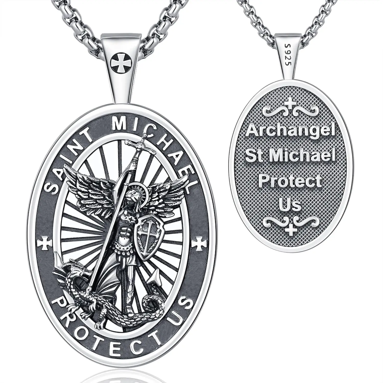 Saint Michael Necklace 925 Sterling Silver Saint Michael Pendant Amulet Jewelry Gifts for Men Women Birthday Christmas Holiday