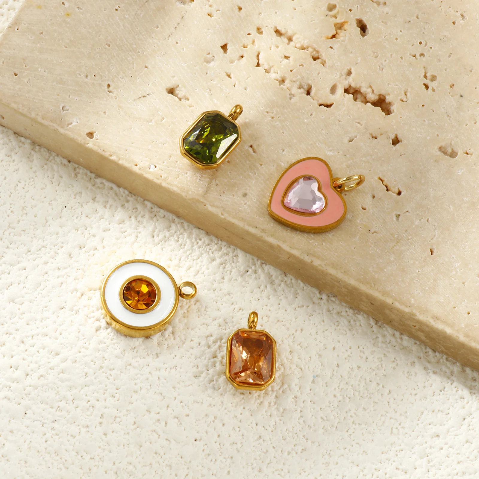 2PCs 304 Stainless Steel Charms Round Octagon Heart 18K Gold Plated Pendants For DIY Necklace Jewelry Making Findings