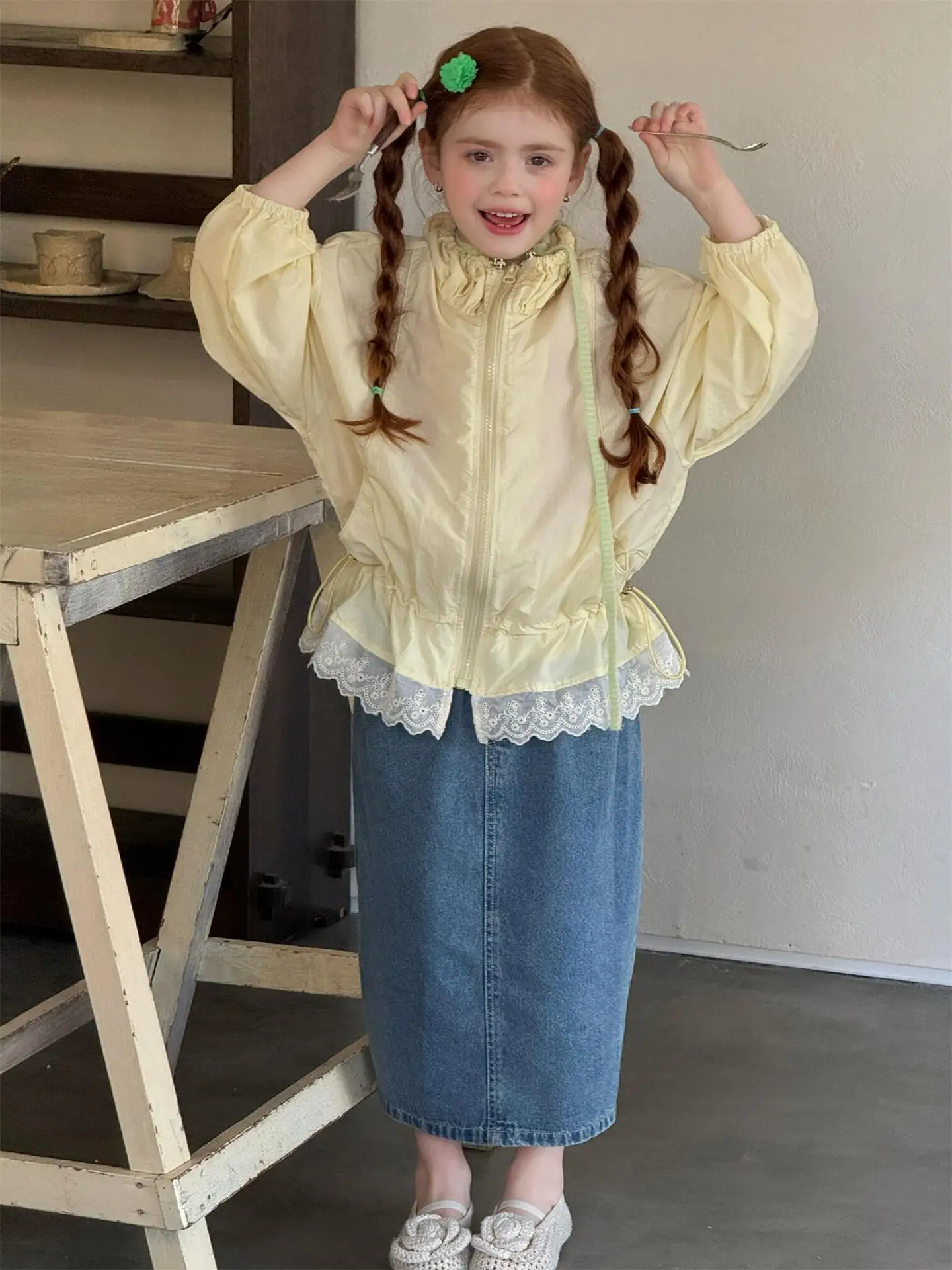 2026 Spring New Girls Coat Korean Children Clothing Sweet Lace Yellow Lightweight Sunscreen Coat Jacket