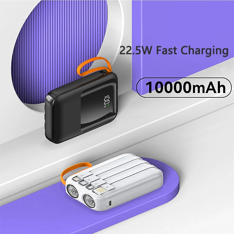 Mini Power Bank 10000mAh Built in Cable 22.5W Type C Two-Way Fast Charging Powerbank for iPhone 15 14 Samsung S23 Huawei Xiaomi