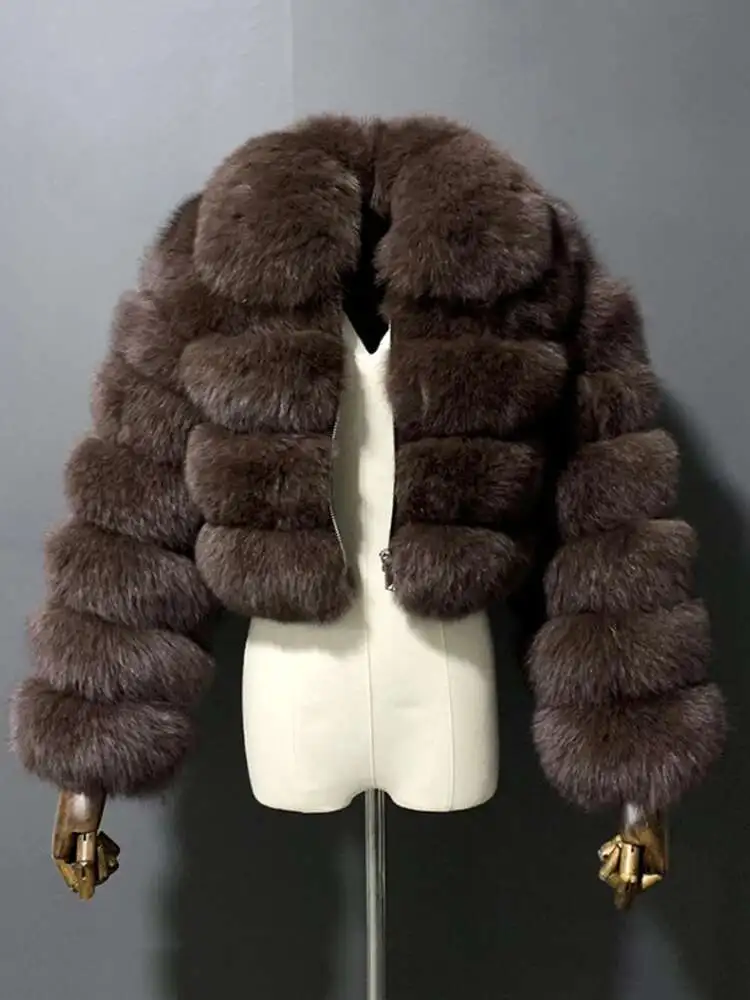 女性用フェイクフォックスファーショートジャケット,ラペル,ジッパー,長袖,ルーズ,厚手の模造品,冬のファッション,2024, 2023