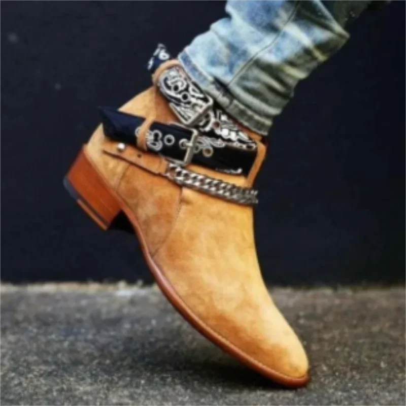 Men Ankle Boots Yellow Black Faux Suede Buckle Strap Classic Fashion  Men Short Boots Sapato Masculino